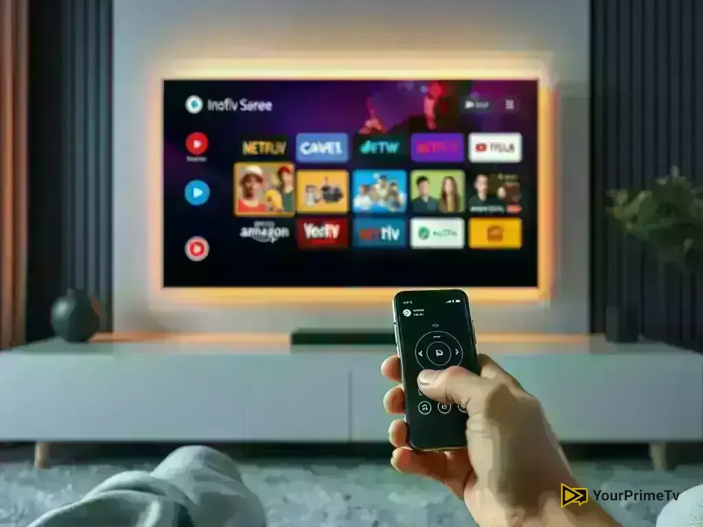 Android TV remote control and smartphone controlling TV screen