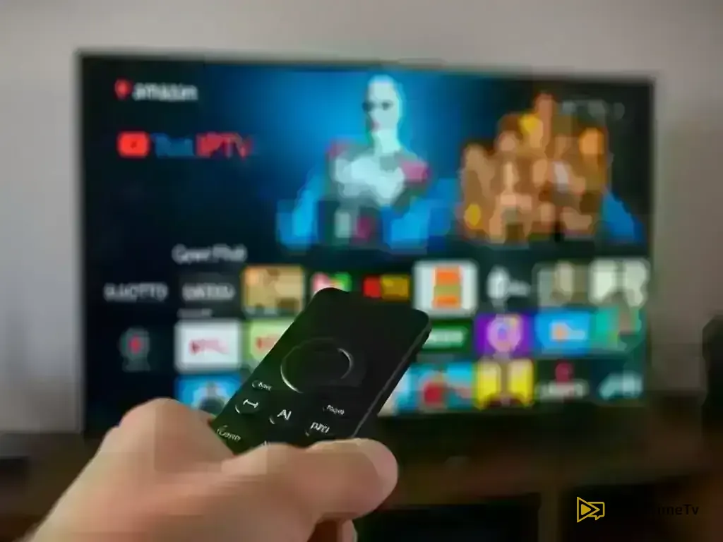 Amazon Fire TV remote control pointing to IPTV app interface
